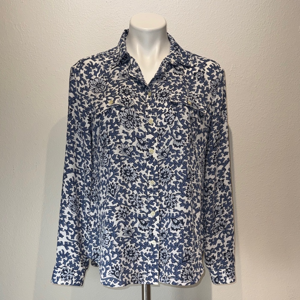 LOFT Navy and White Patterned Button Down Shirt - image 1